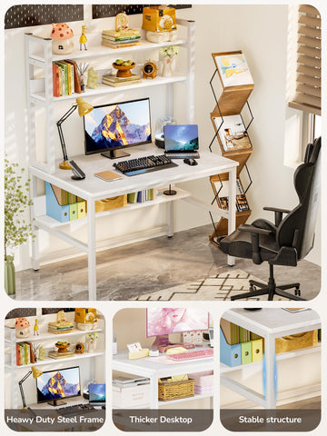 Aquzee Desk with Shelves, 100 cm Computer Desk with Hutch, Bookshelve Above, Study WriteTable Desks & Workstations for Bedroom Space Saving with 3