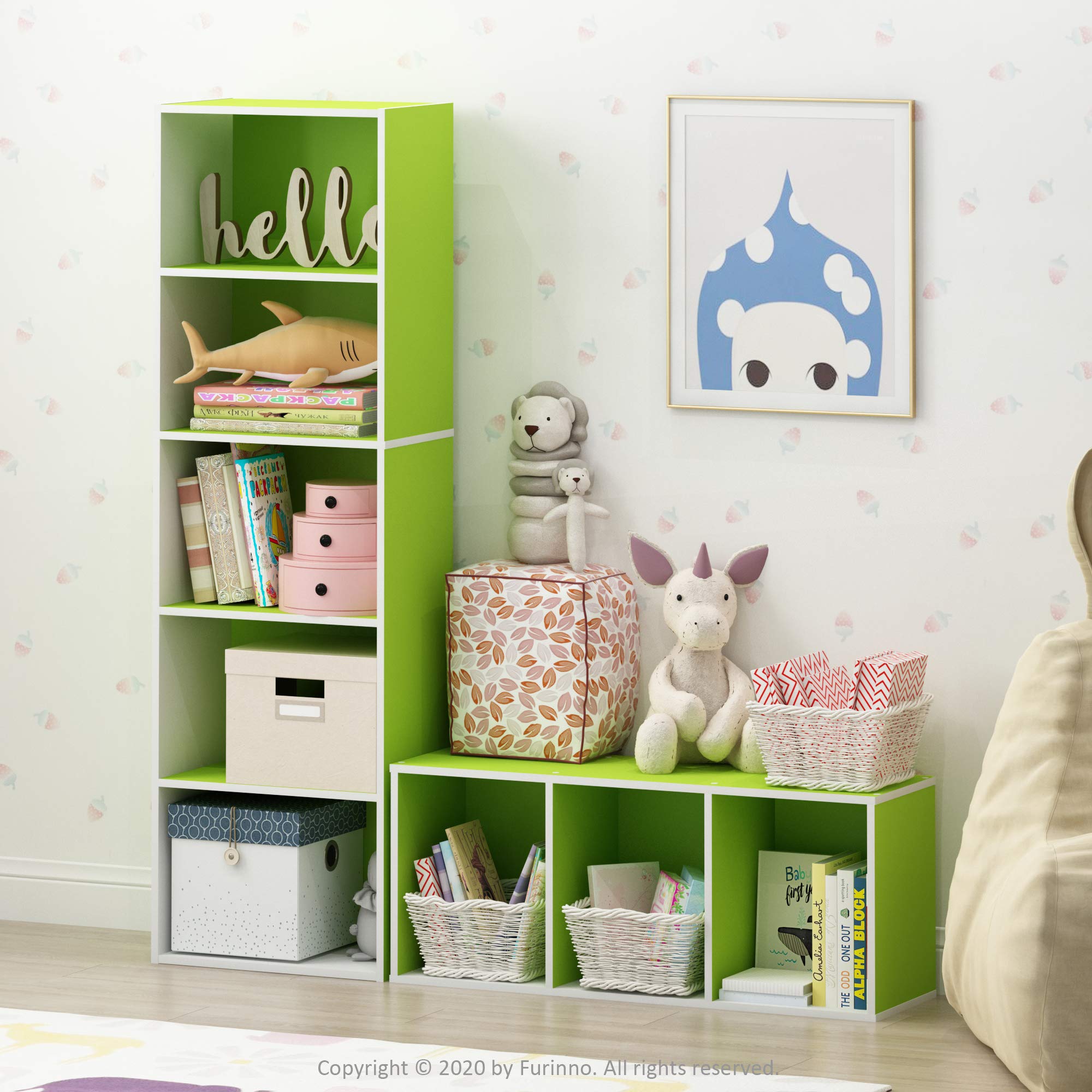 Furinno LUDER Book Shelf, 3-Cube Bookshelf, Bookcase, 9.3 x 12 x 31.5, for Living Room, Bedroom, Home Office, White/Green