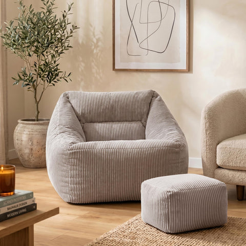 icon Natalia Cord Bean Bag Chair & Footstool with Filling Included, Grey