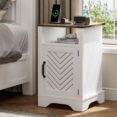 SUNVIVI Bedside Table with Charging Station, 2 AC Outlets & 2 USB Ports, Farmhouse Side Table with X-Design Storage Shelf
