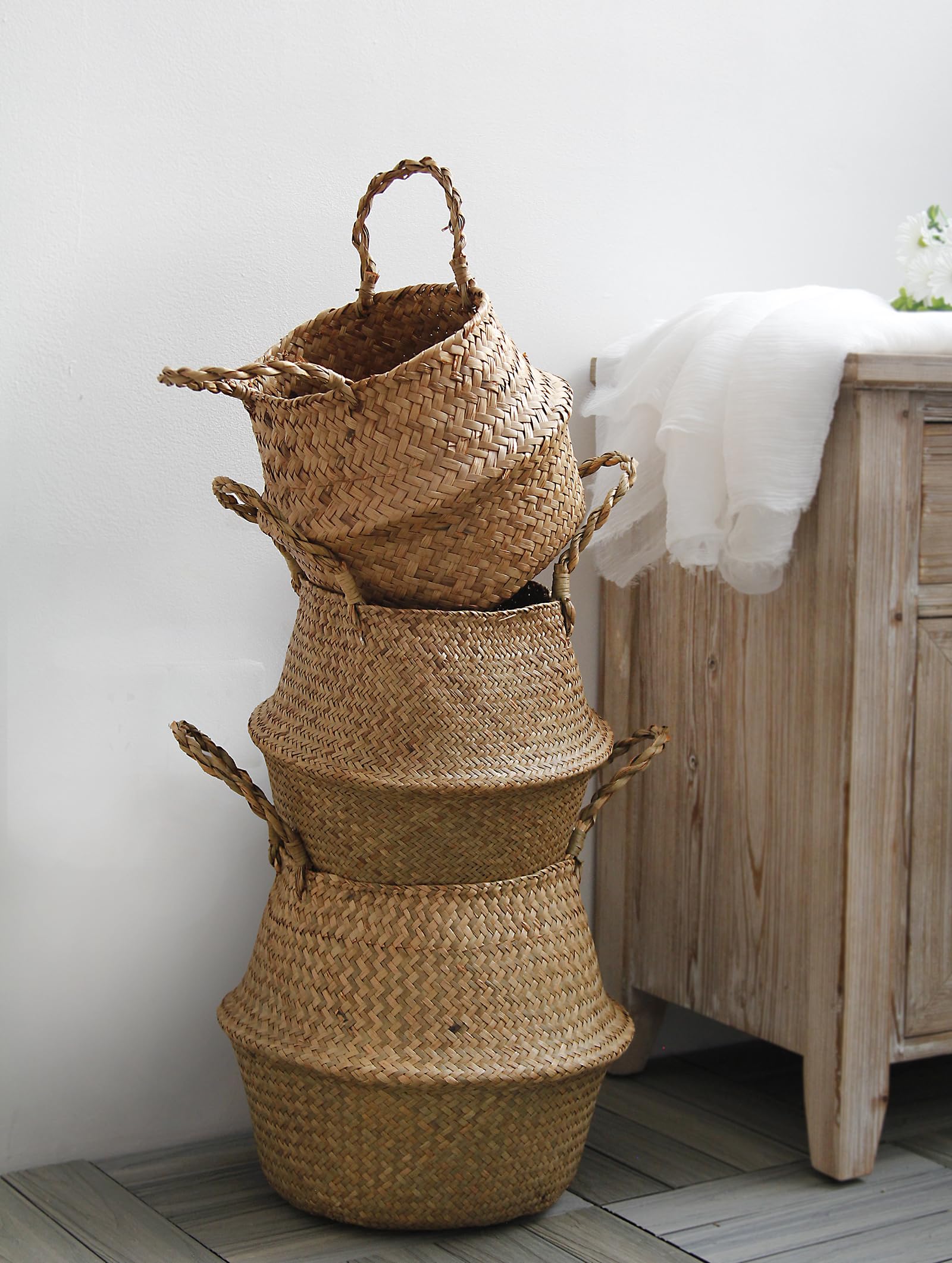 FEILANDUO Seagrass Belly Basket Woven Plant Pot with Handle, Natural Foldable Laundry Toy Storage Baskets for Shelves