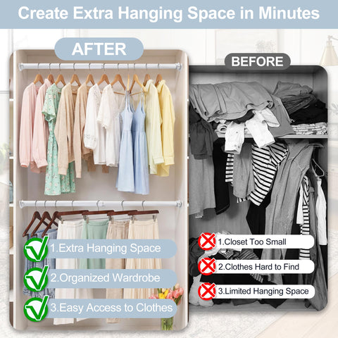 Wardrobe Rail,Extendable Clothes Rails, Stainless Steel adjustable wardrobe pole with Fixing Sockets and Screws for Wardrobe and Cupboard