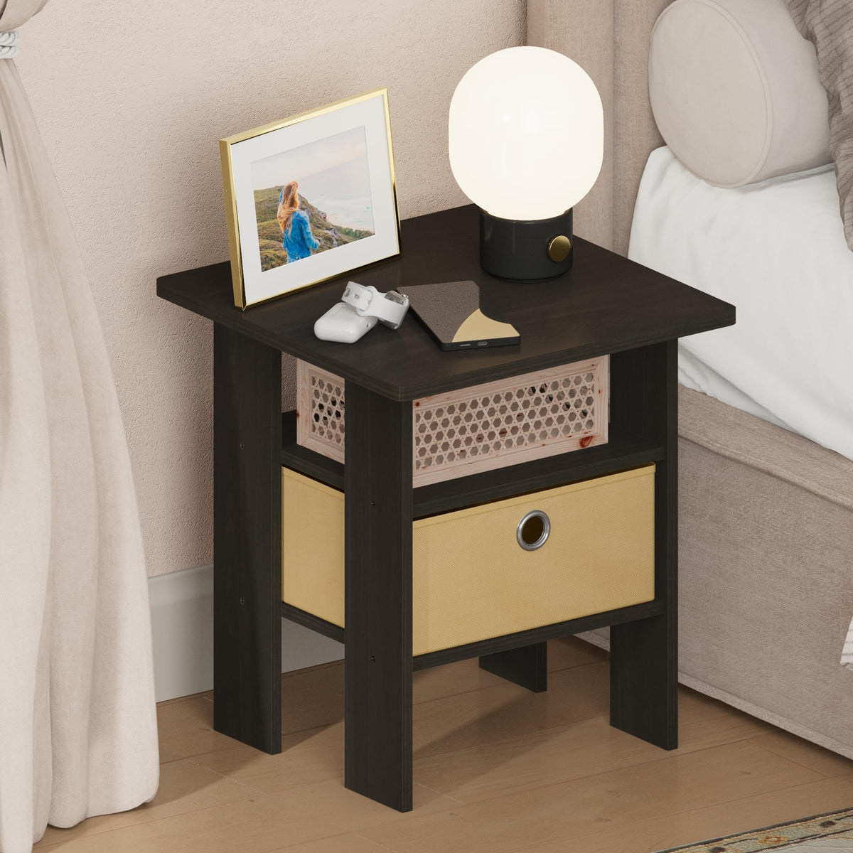 Furinno TIDUR Night Stand, Open Shelf Design Nightstand with Storage Bin, Bedside Table, End Table, Side Table, for Bedroom, Living Room, Espresso