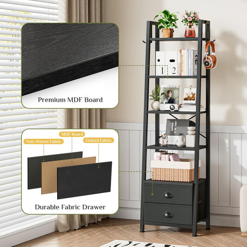 Wooruy 5 Tier Narrow Bookshelf with 2 Fabric Drawers Corner Ladder Shelf