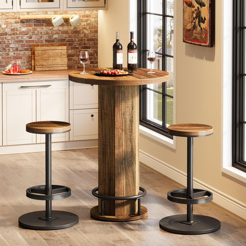 Tribesigns Round Bar Table with Chairs, Industrial Bistro Sets with 2 barstools, Pub Cocktail Table with Metal Ring Footrest for Kitchen Nook