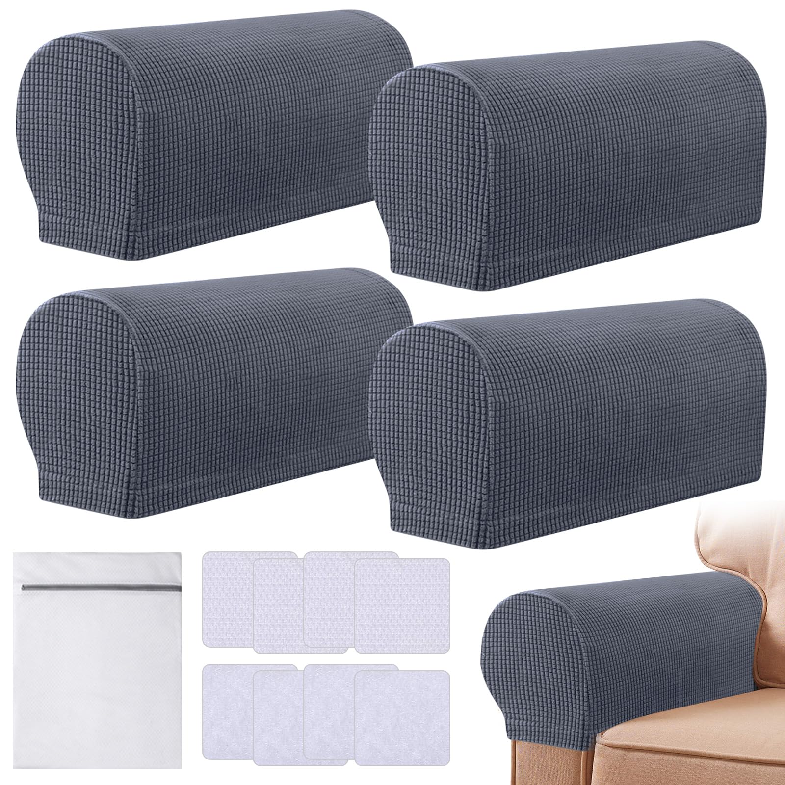 Armrest Chair Covers, Set of 4 Stretch Armchair Covers for Arms Anti-Slip Furniture Protector with Laundry Bag, Machine Washable Arm Chair Sleeves