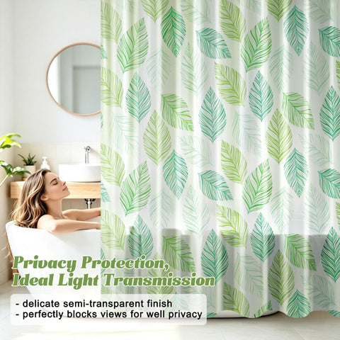 Vllcsla Shower Curtain 180x180 cm Green Leaves, PEVA Extra Long Wet Room Bathtub Curtain, Waterproof Longer Length Bathroom Curtains 180 to 240 cm