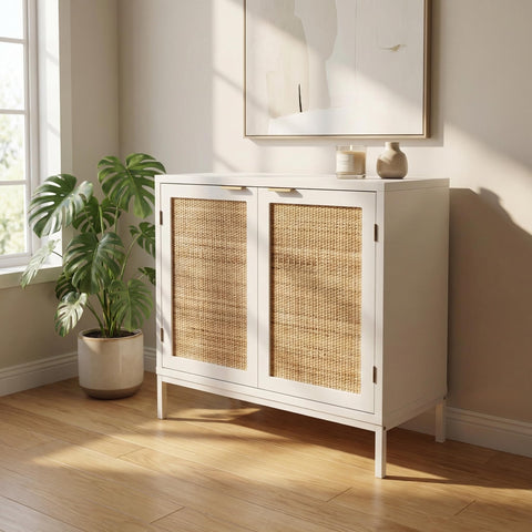 Yvsevnr White Rattan Buffet Cabinet, Sideboard and Tv Cabinet, Accent Cabinet with Magnetic Closure, Metal Legs, Anti-tipping