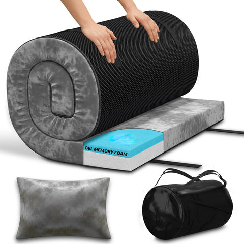 Unique Impression Single Foldable Gel Memory Foam Floor Mattress – Roll Up Topper Pad, Portable Guest Bed for Camping, Camper Van & Home