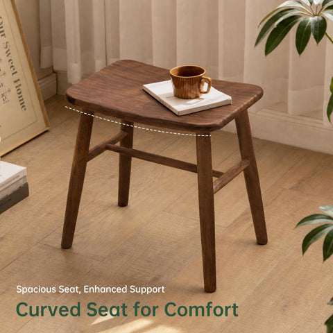 100% Oak Solid Wood Dressing Stool with Curved Seat, Walnut Vanity Stool