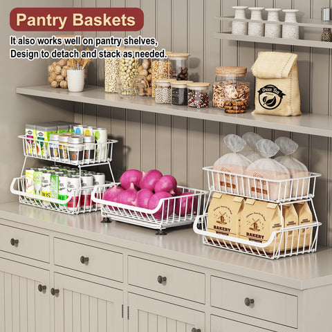 Miyawell 3-Tier Rolling Pantry Cart with Wheels, Stackable Wire Storage Floor Organizer for Kitchen Pantry Snack Shelves, Fruit Basket Stand