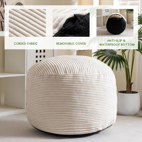 HIGOGOGO Corduroy Round Beanbags Footstool Bean Bag Pouf with Foam Chunk Filling, 65 x 45 cm Poufs Foot Rest for Living Room, Beige