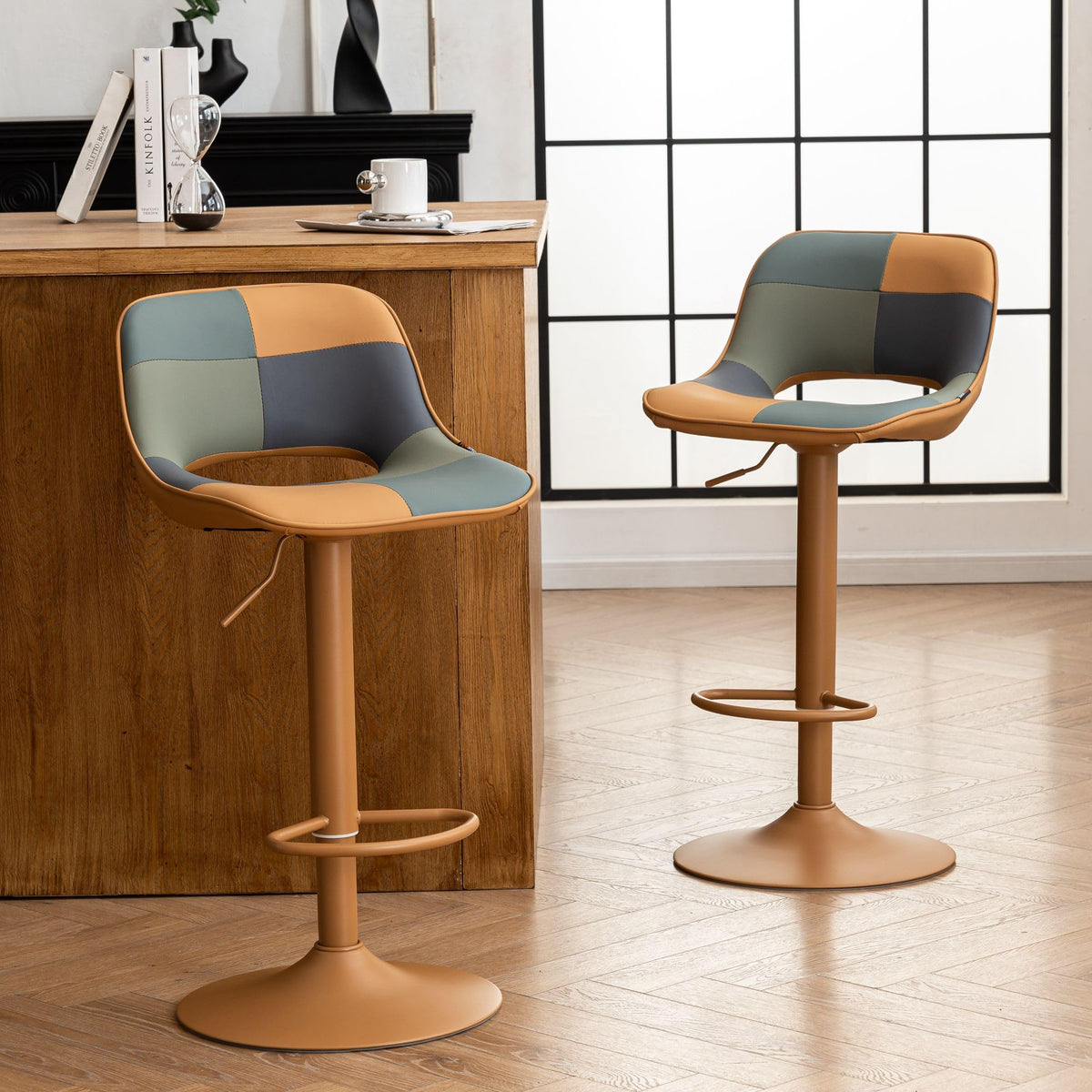 YOUNIKE Bar Stools Set of 2, Boho Colorful Patchwork Barstools, Adjustable Swivel Counter Stools Faux Leather Upholstered Counter Chairs with Hollow