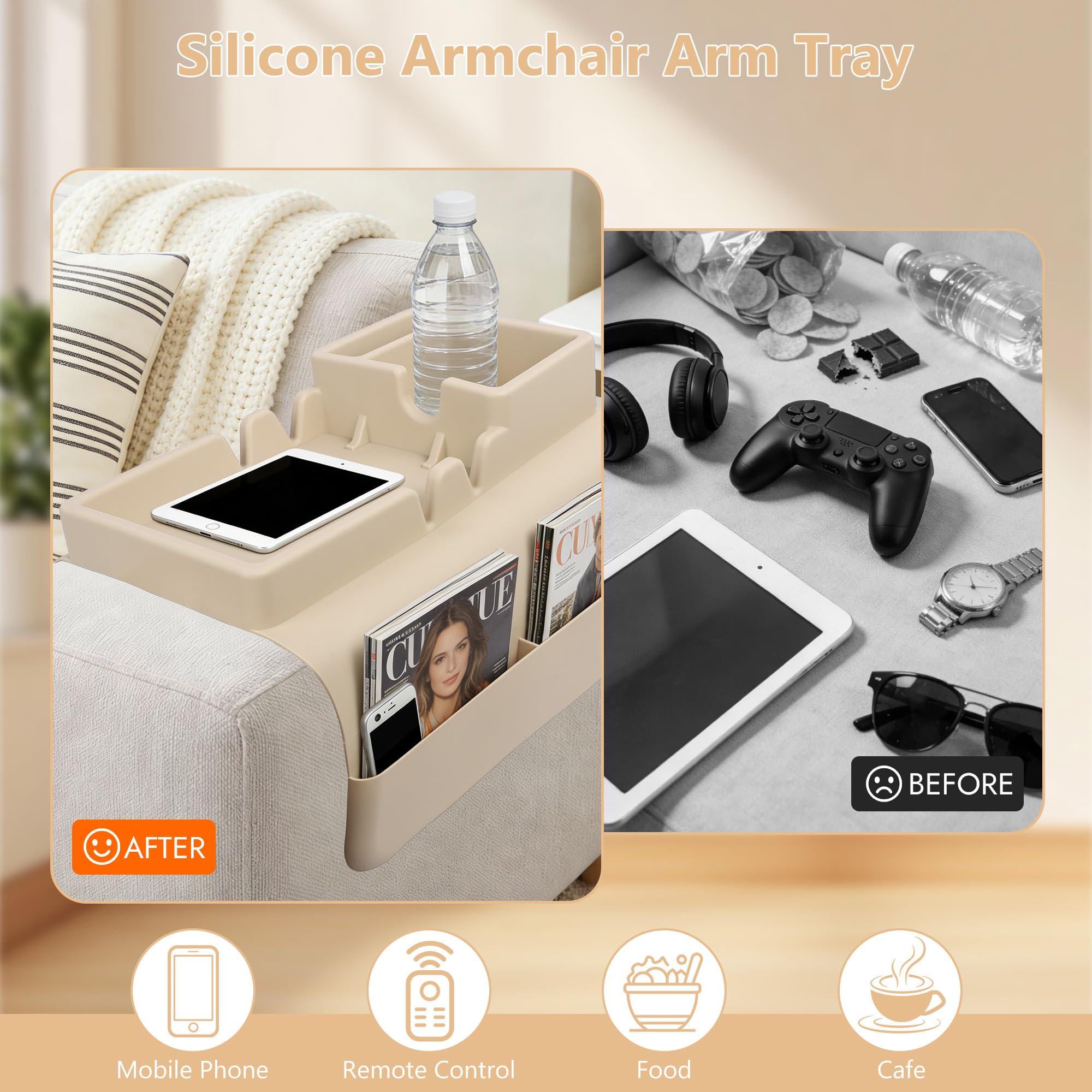 Silicone Sofa Arm Tray, Couch Cup Holder Tray, Sofa Armrest Organizer