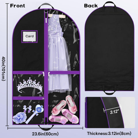 Costume Garment Bags for Dancers, Garment Bags with 3 Clear Zipper Pockets, Clothes Covers Protector Bags for Suits, Travel & Sports Jersey