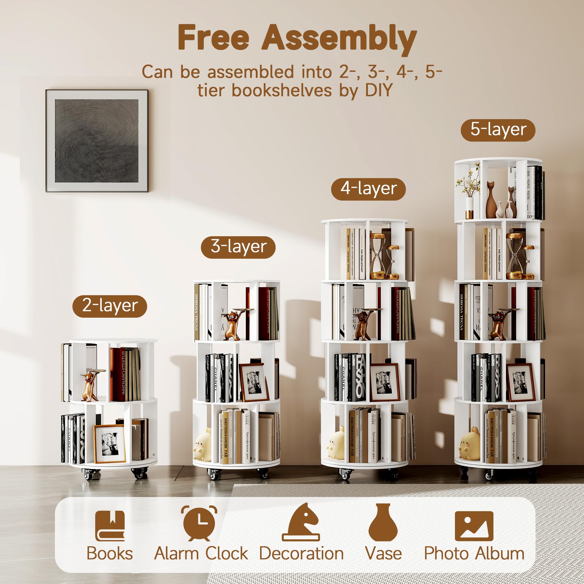 Turosur 5-Tier Rotating Bookshelf, 360° Revolving Bookcase Floor Standing