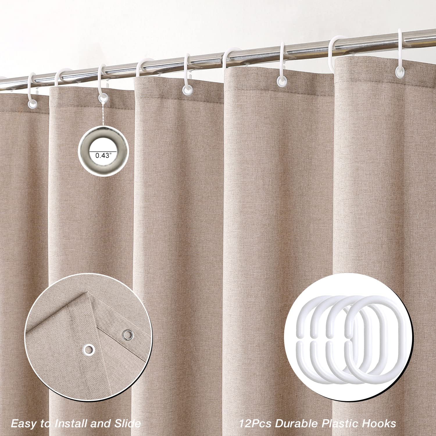 Krismile Linen Eyelet Shower Curtains Mildew Resistant Waterproof Washable, Weighted Hem Bathroom Shower Curtain with 12 White Bath curtain Hooks