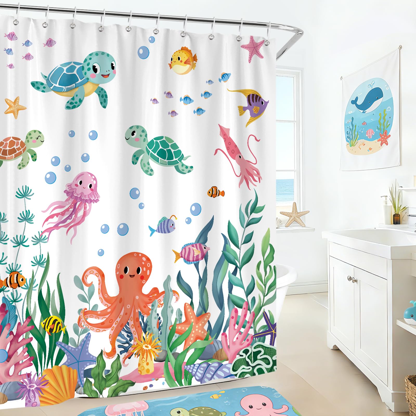 hometerixx Kids Beach Ocean Turtle Jellyfish Coral Shower Curtain 72X72Inch