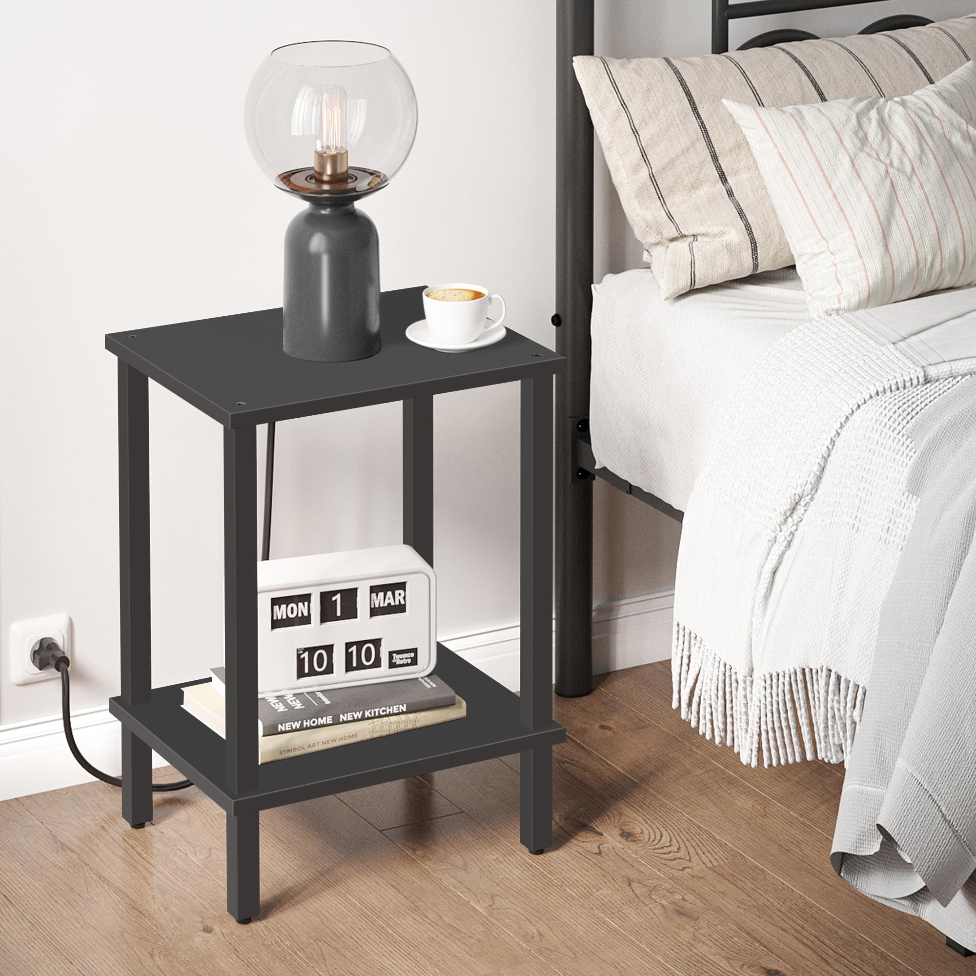 TUTOTAK Side Table, Bedside Table, Night stand, 2-Tier Storage Shelf, End Table for Small Space, Living Room, Bed Room, Black TB01BK034EU