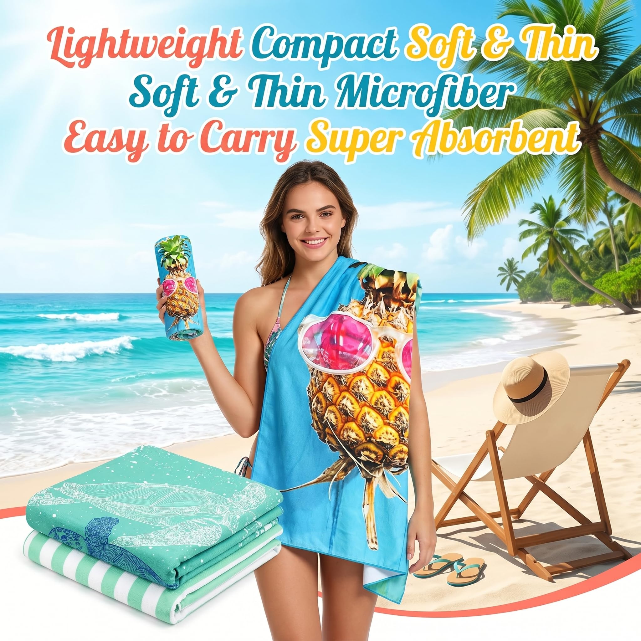 2PCS Microfibre Beach Towels for Adults, Extra Large Quick Dry Towel with Double Side Print Sand Free Lightweight Travel Towel for Adults Women Men