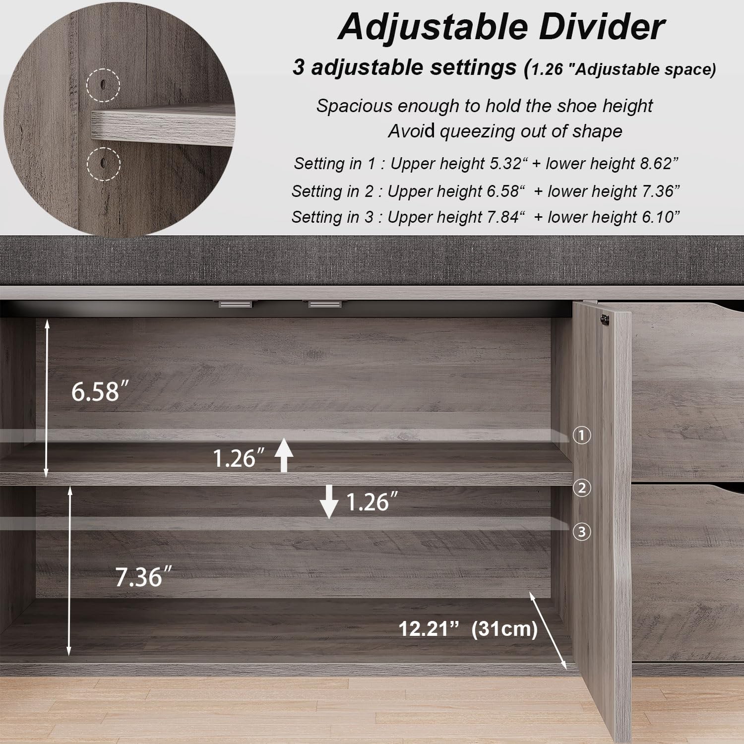 LVB 2-Tier Storage Bench with Padded Cushion, Entryway Shoe Bench with 2 Drawers, 2 Barn Doors & Adjustable Shelf, Industrial Style for Foyer