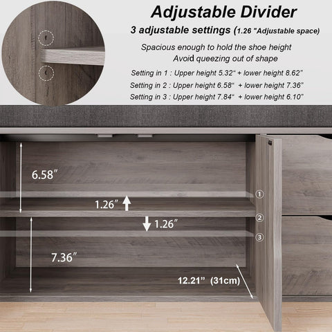 LVB 2-Tier Storage Bench with Padded Cushion, Entryway Shoe Bench with 2 Drawers, 2 Barn Doors & Adjustable Shelf, Industrial Style for Foyer