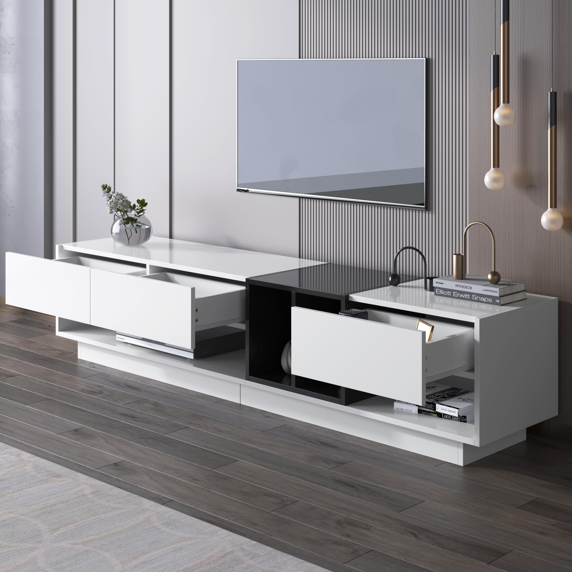 Ball & Cast High Gloss TV Stand Cabinet, TV Stand with Drawers and Compartments, White and Black TV Cabinet,190x40x34cm