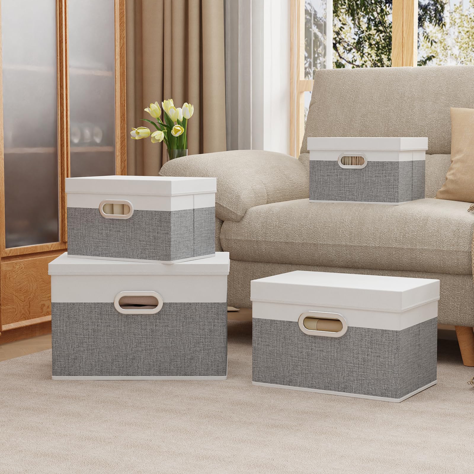 Yawinhe Storage Bins with Lids and Handles 2 Pack,38x25x25cm,White/Grey
