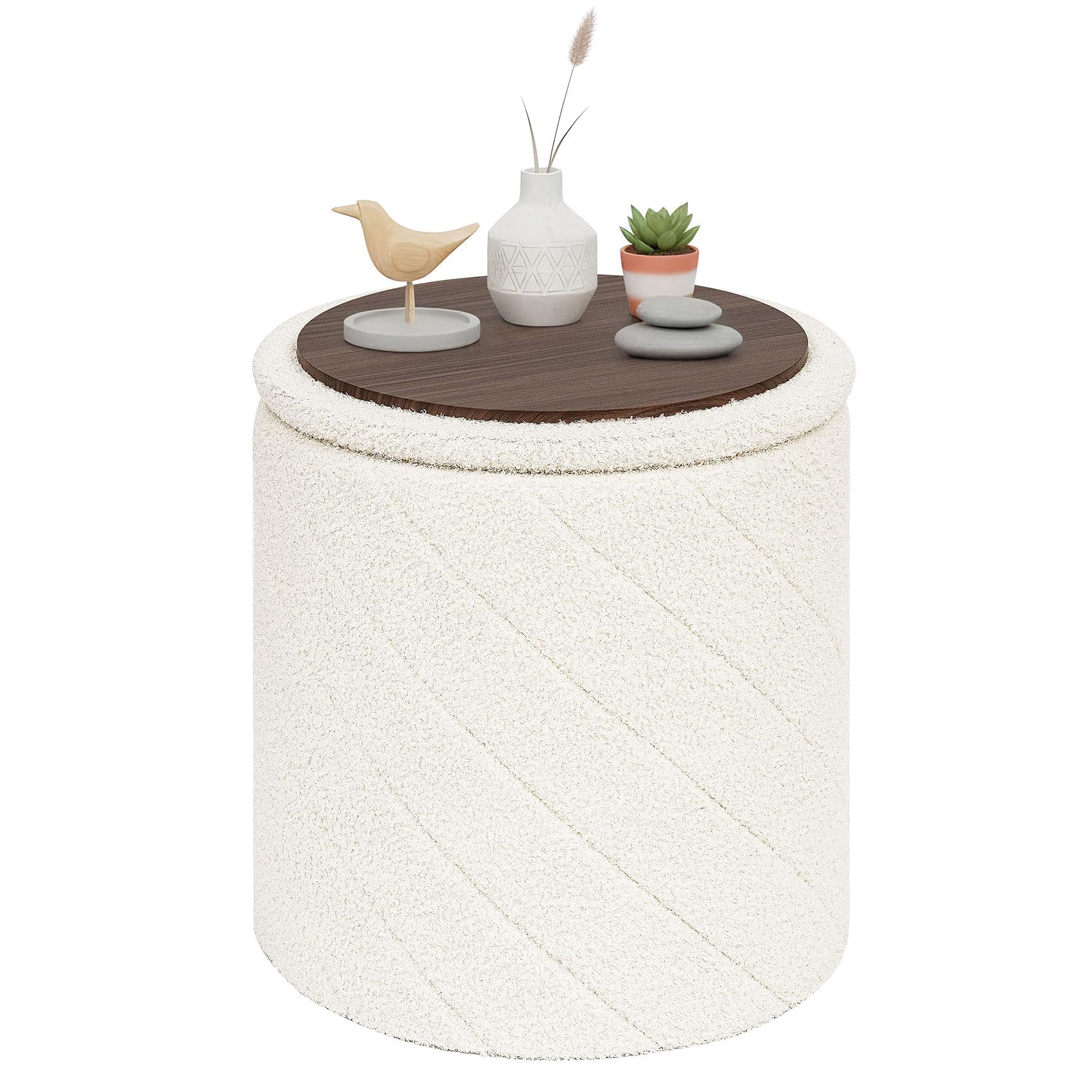 PINPLUS Round Ottoman Storage Box, Folding Stool, White, 43x43x45 cm