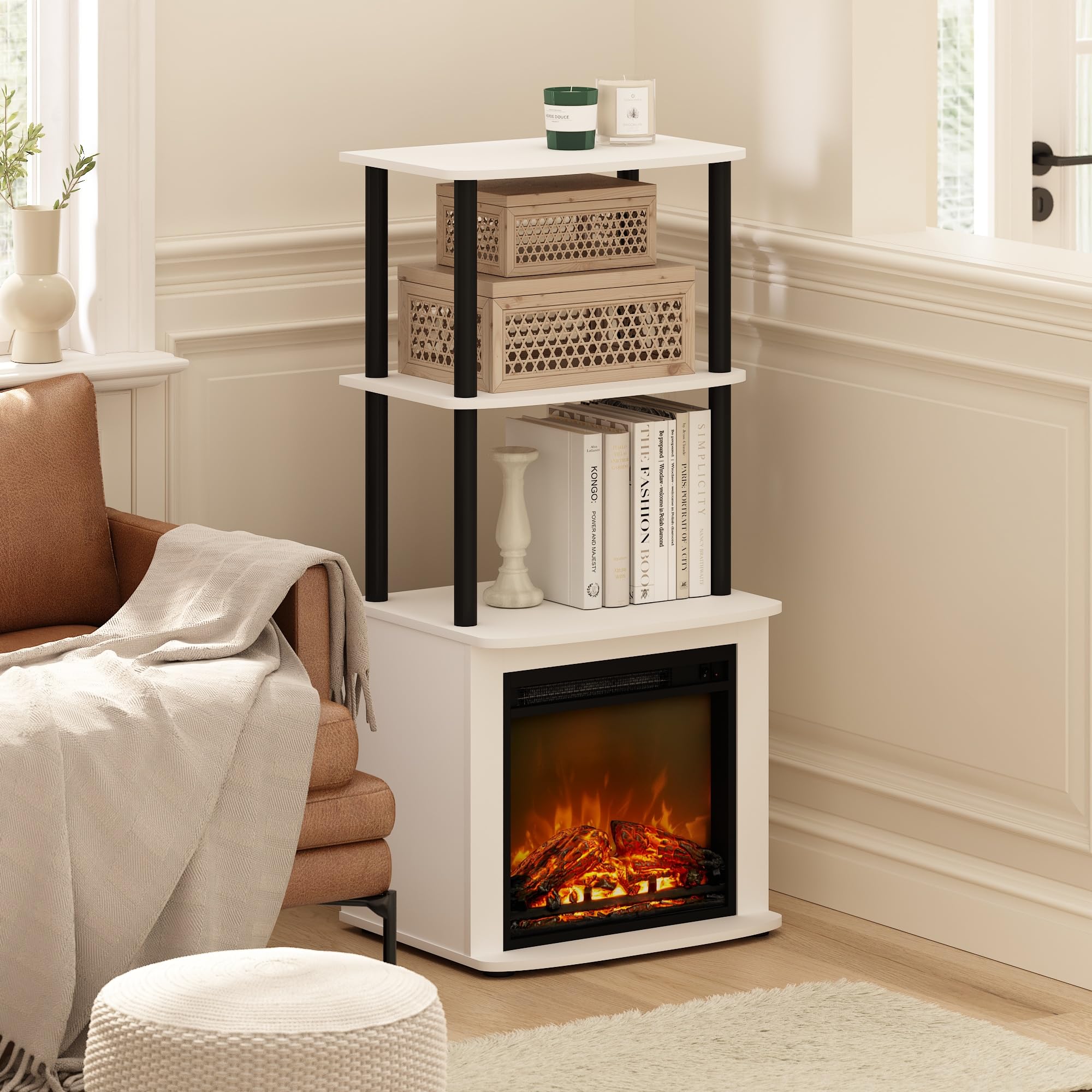 Furinno Turn-N-Tube 2 Tier Side Table Display Stand with Fireplace Insert, Plain White/Black