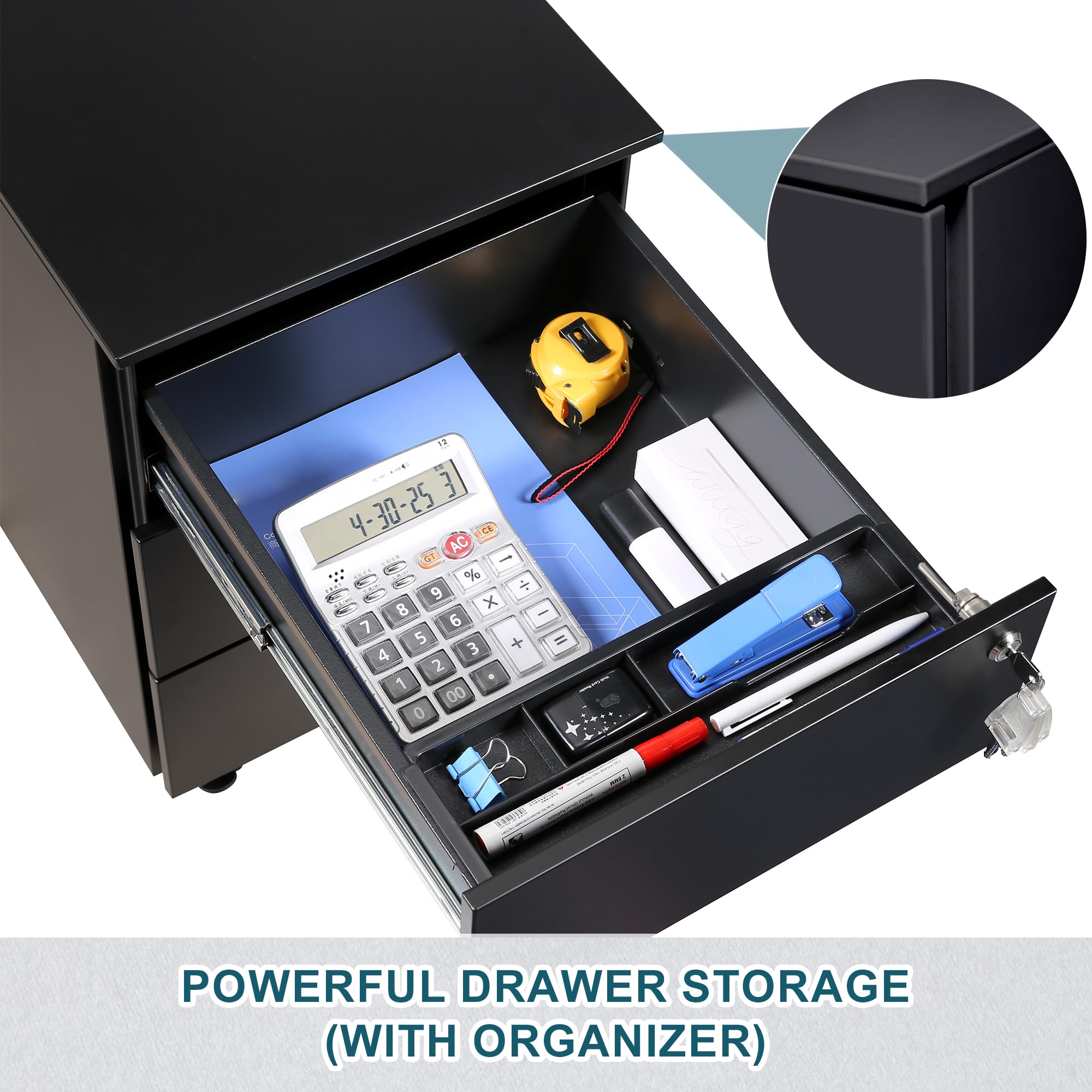 LVSTEEL 3-Drawer Mobile Filing Cabinet with Lock, Steel Office File Cabinet on Wheels, Under Desk Metal Cabinet, Fully Assembled, Black, 37x44x54cm