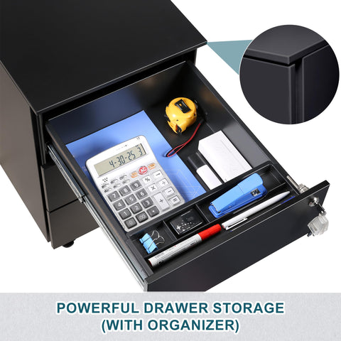 LVSTEEL 3-Drawer Mobile Filing Cabinet with Lock, Steel Office File Cabinet on Wheels, Under Desk Metal Cabinet, Fully Assembled, Black, 37x44x54cm