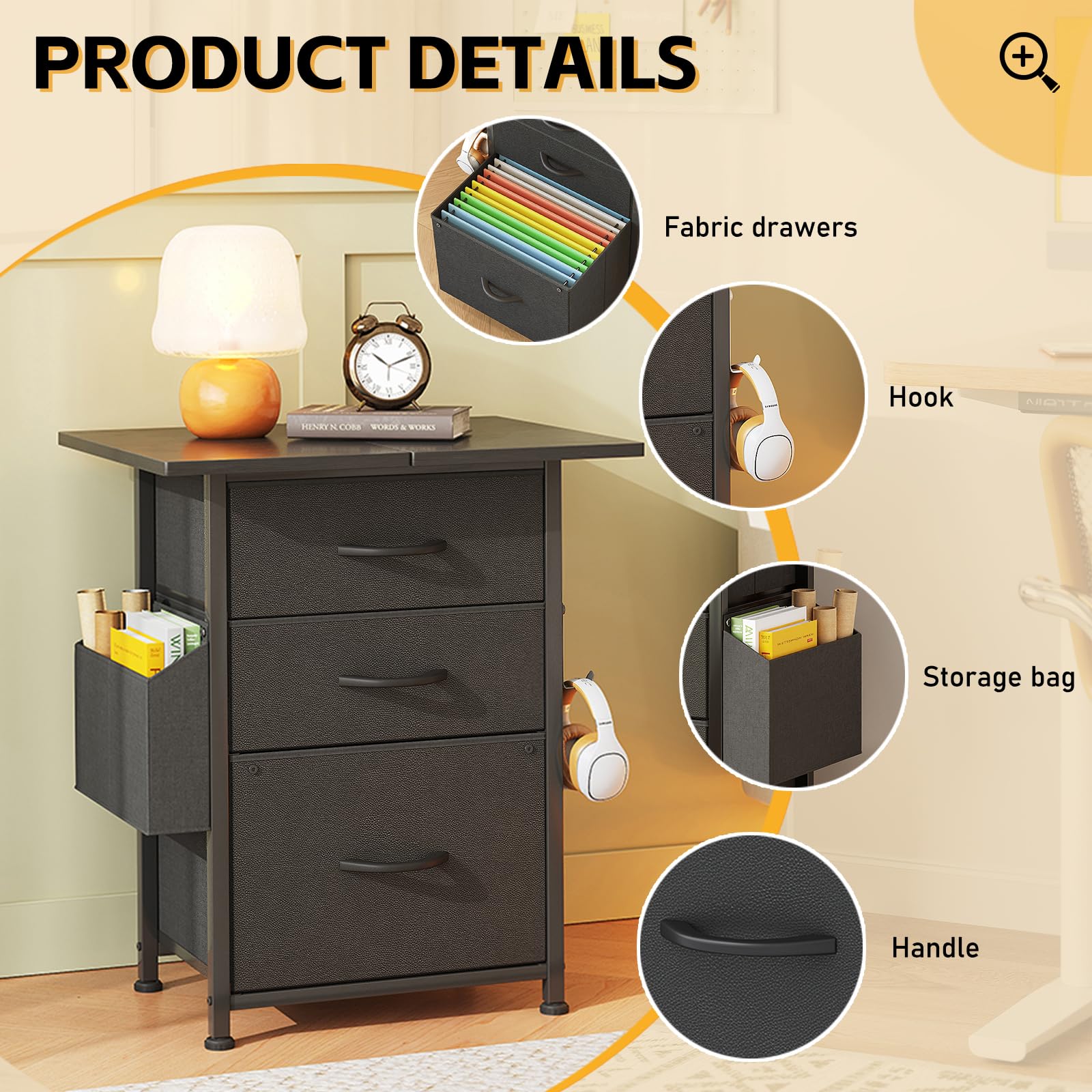 CAIYUN Filing Cabinet with 3 Fabric Drawers, Mobile File Cabinet on Wheels & Adjustable Feet, Rolling Under Desk Cabinet