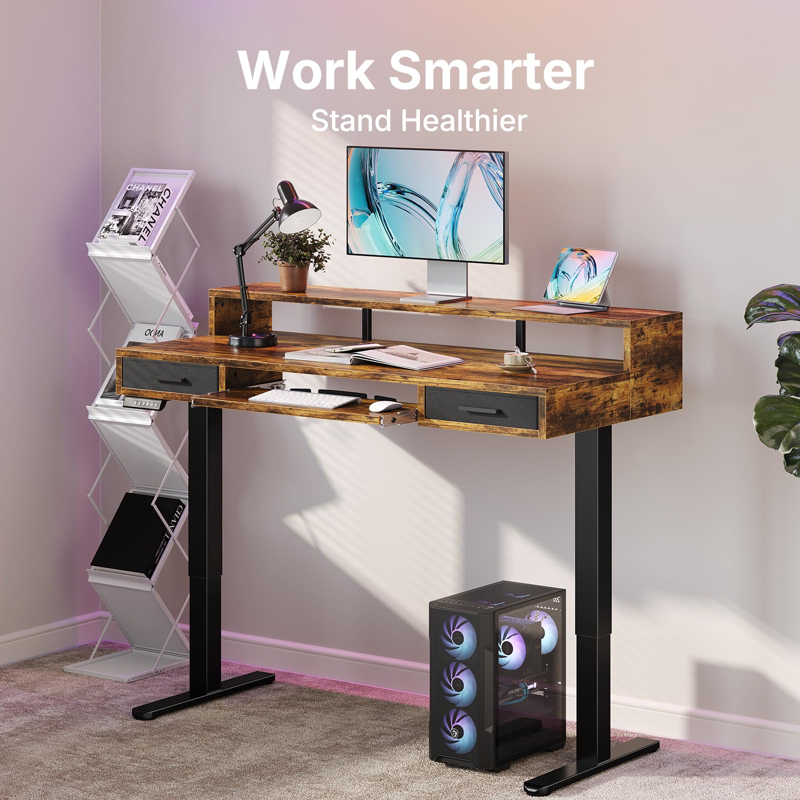 HUANUO 140 x 66cm Standing Desk with Drawers & 64cm Large Keyboard Tray, Electric Standing Desk with 4 Memory Height Settings for Home Office