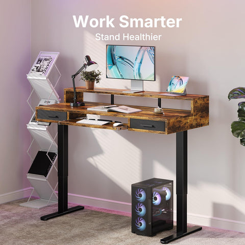 HUANUO 140 x 66cm Standing Desk with Drawers & 64cm Large Keyboard Tray, Electric Standing Desk with 4 Memory Height Settings for Home Office