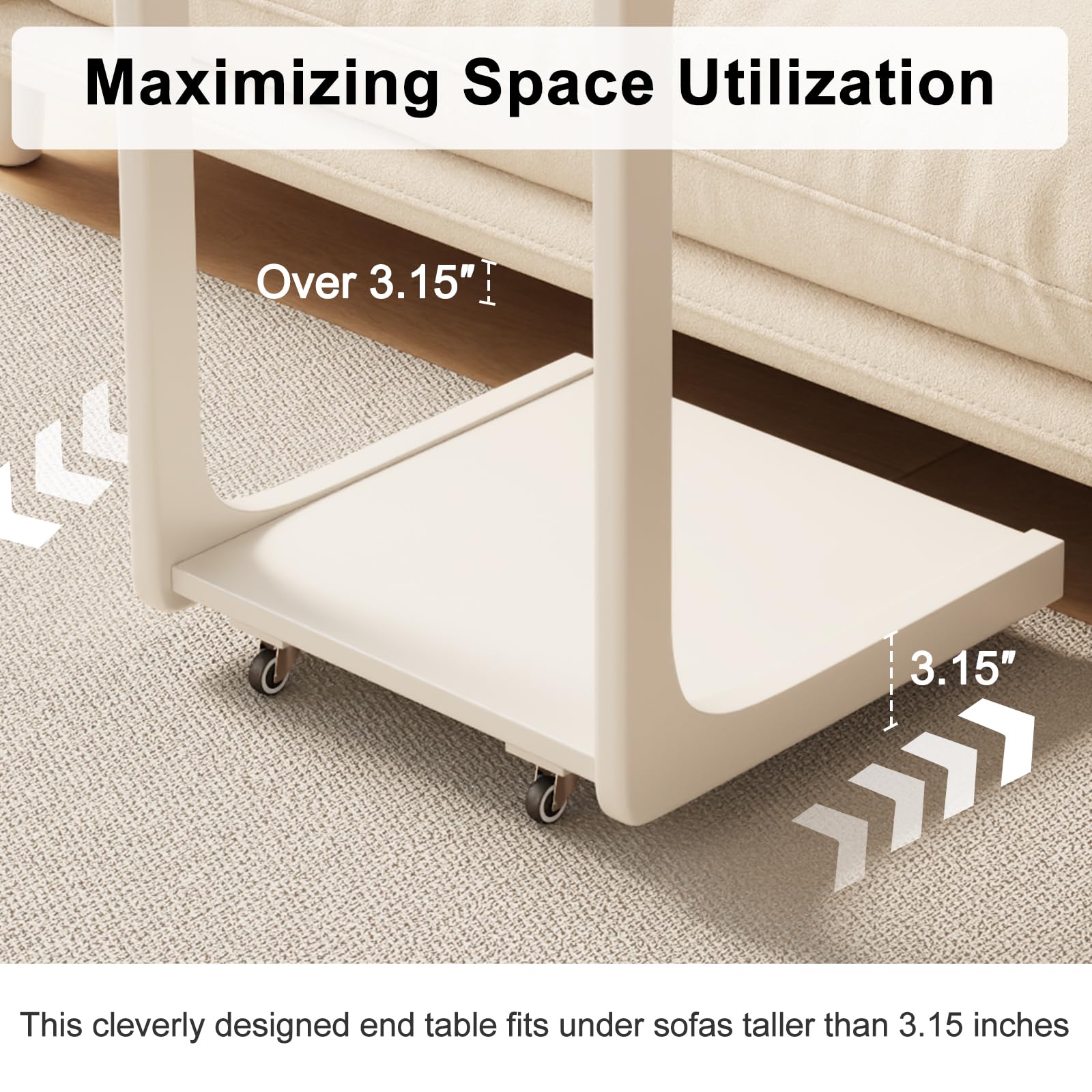 AQIMUELE Wooden C-Shaped End Table,Couch Table with Adjustable Desktop,Small Rolling Side Table with 2 Lockable Wheels 60 Width,Small End Table for