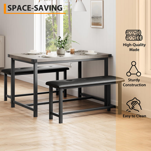 Crevyteg Modern Industrial 3-Piece Dining Table Set for 4 with 2 Upholstered Benches, Space-Saving Kitchen Table Set for Small Spaces