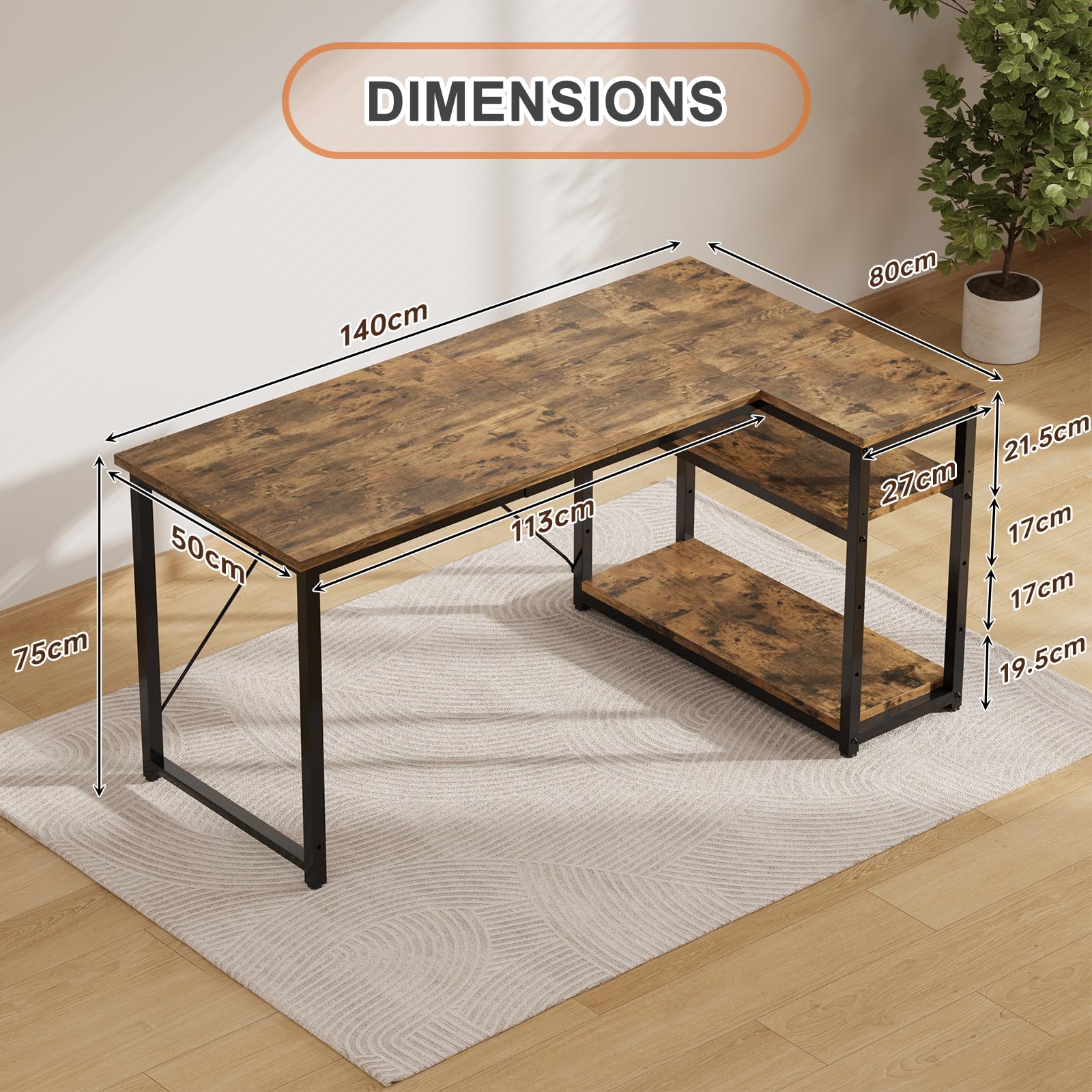 JUMMICO L Shaped Desk 140x80cm with Storage, Corner Computer Desk with Reversible Shelf, Sturdy Office Desk & Workstations for Home Office, Brown