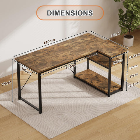 JUMMICO L Shaped Desk 140x80cm with Storage, Corner Computer Desk with Reversible Shelf, Sturdy Office Desk & Workstations for Home Office, Brown