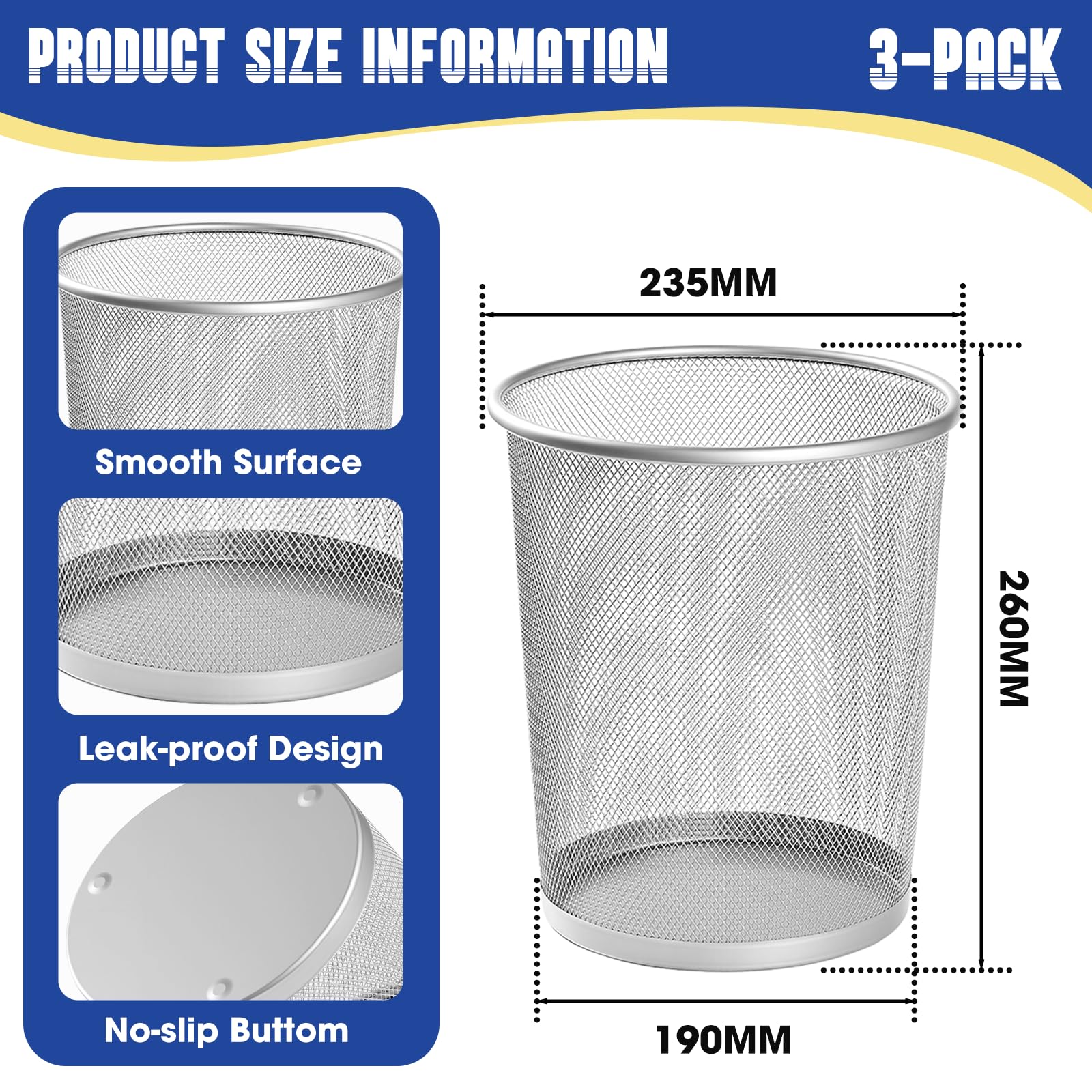 Evadow 3 Pack Mesh Waste Paper Bin 12 Litres, Silver Metal Wire Waste Basket Lightweight Circular Trash Bin for Home Office Garbage Can Bin