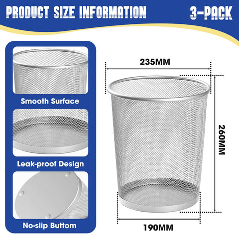 Evadow 3 Pack Mesh Waste Paper Bin 12 Litres, Silver Metal Wire Waste Basket Lightweight Circular Trash Bin for Home Office Garbage Can Bin