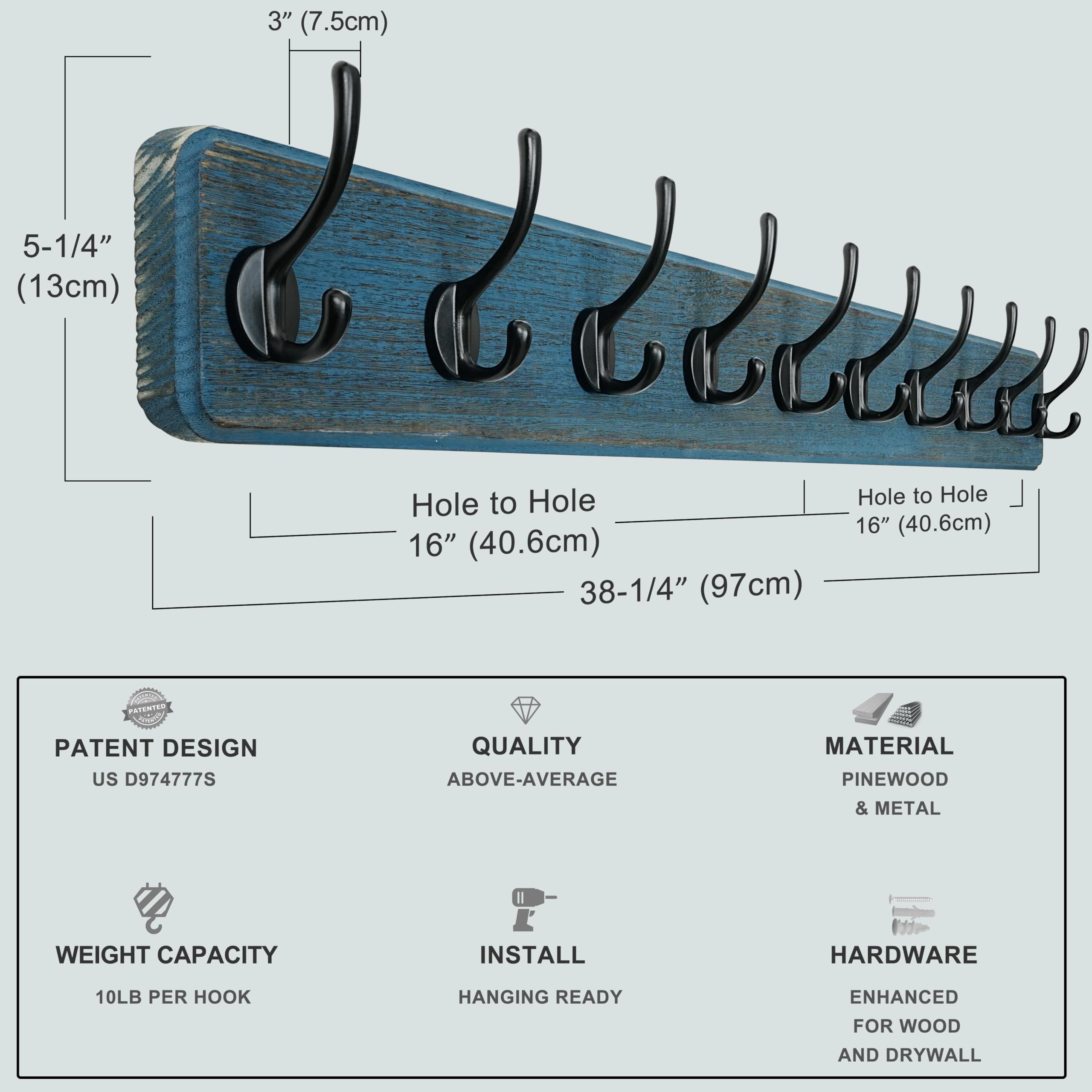 Dseap Coat Rack Wall: 97cm Long, Patented, Heavy-Duty, 10-Double-Hooks Wooden Wall Mounted Coat Rack Coat Hanger Hook Rail for Winter Coats Hat