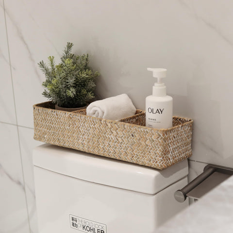 Seagrass Storage Basket with 3 Sections Woven Shelf Baskets for Organizing (Whitewash, 37cm x 12cm x 8cm)