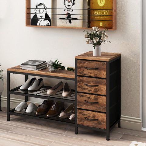 Welfuturer 3-Tier Shoe Storage Bench with 4 Fabric Drawers and Seat, Industrial Shoe Rack Cabinet with Shoe Shelf Storage for Hallway, Entryway
