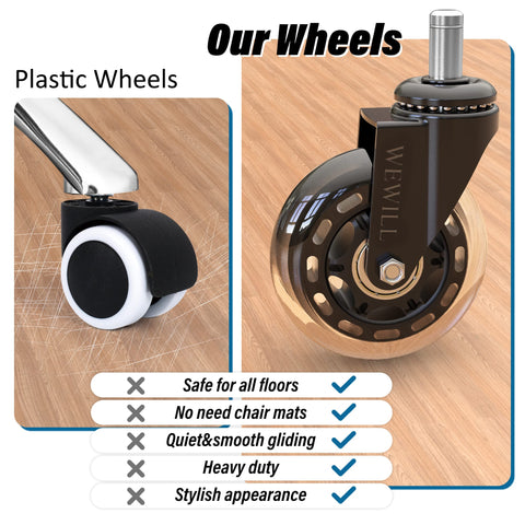 WEWILL Office Chair Wheels Caster 3" Rollerblade Rubber Replacement Castors up to 300KG for Hardwood Floors and Carpet - Universal Fit, Not for IKEA
