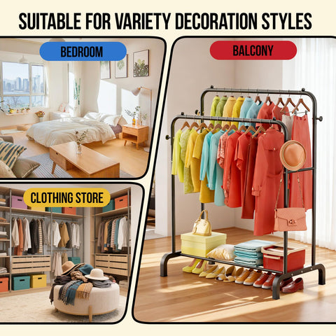 Clothes Rail With Shelves, Double Rods Clothing Rail for Bedroom, Black