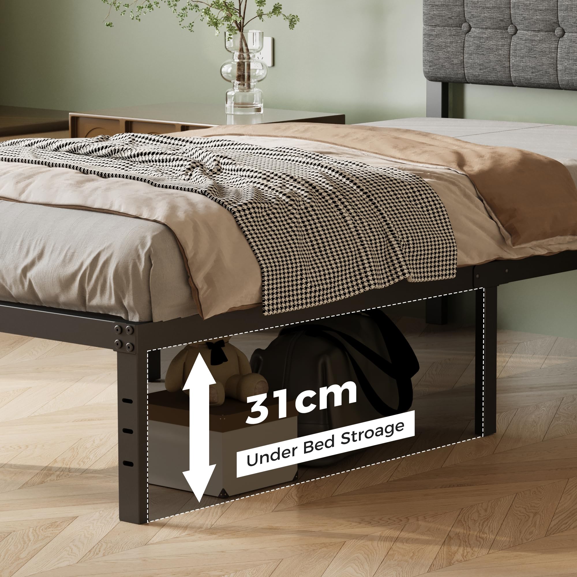 Lutown-Teen Single Bed Frame with Grey Upholstered Headboard