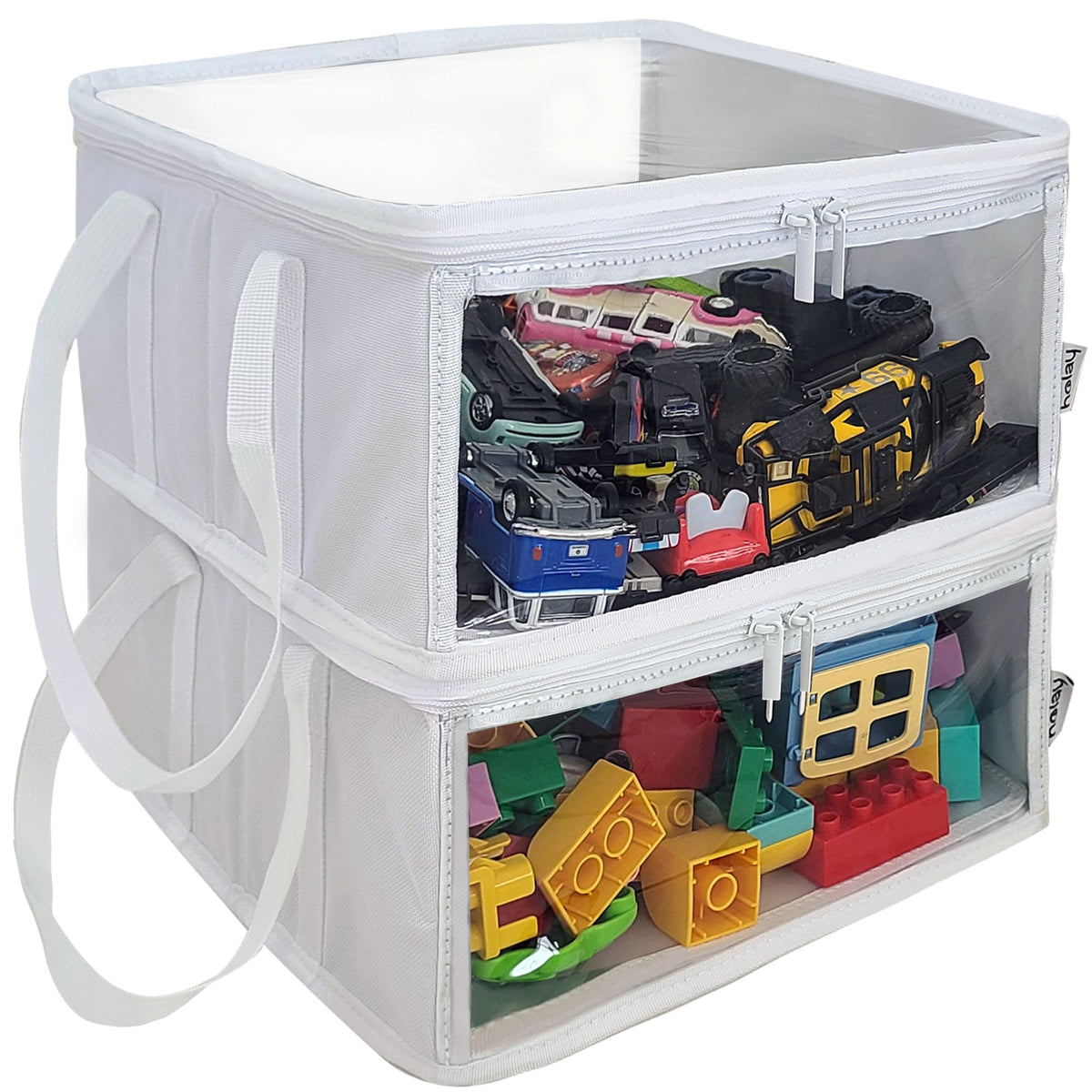 holay 2 Pack Foldable PVC Storage Bins with Transparent Lid & Handles, 12 x 12 x 6 Inch Organiser Boxes for Clothes, Toys & Books (White, Medium)
