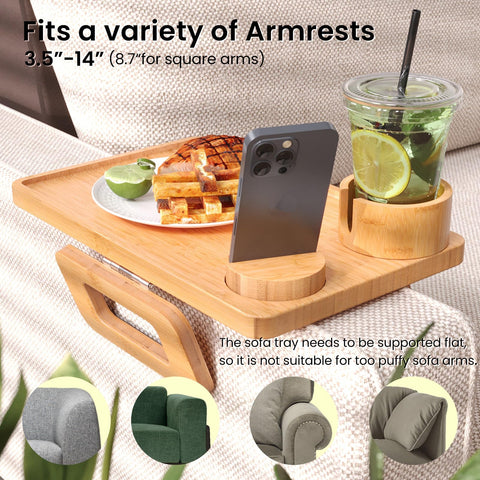 Fibogollo 3 in 1 Sofa Tray,Bamboo Folding Couch Arm Tray with Cup holder and Phone Holder,Sofa Armrest Trays Clip-On Sofas Desk for