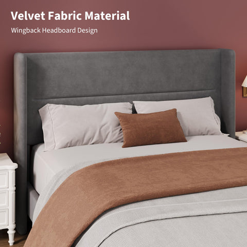 Crevyteg Double Bed Frame 72.4 x 53.9 x 41.1in with Wingback Headboard, Velvet Upholstered Platform Bedframe with Wood Slats, No Box Spring Needed